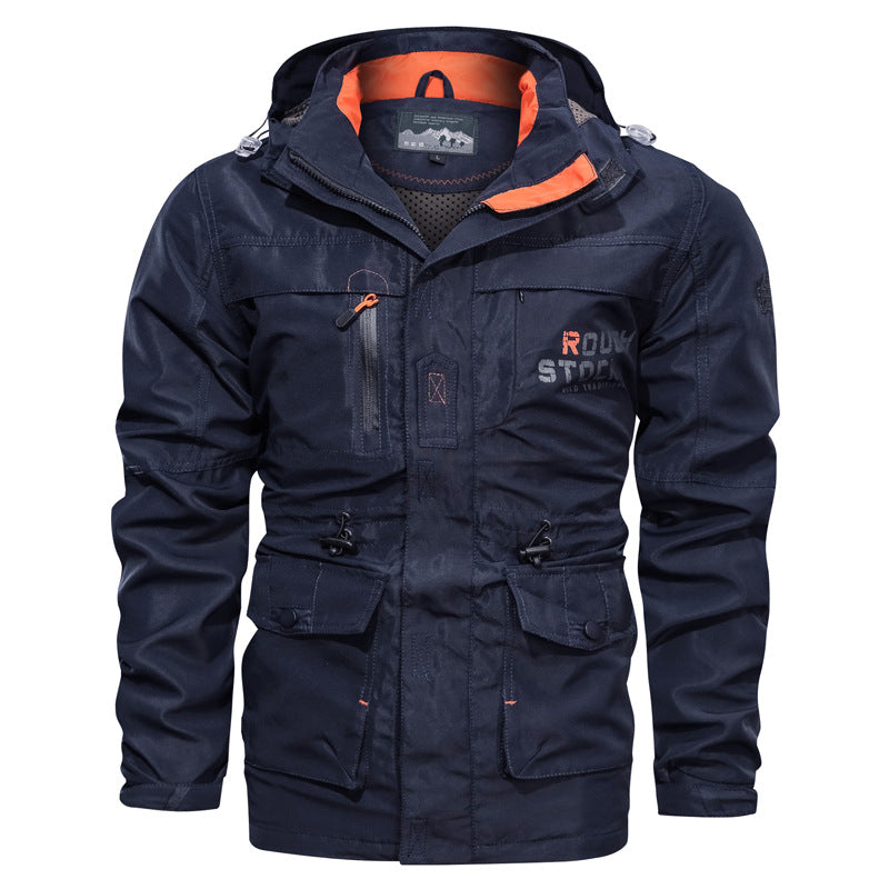 Men’s waterproof and windproof outdoor parka with detachable hood Dark blue 086