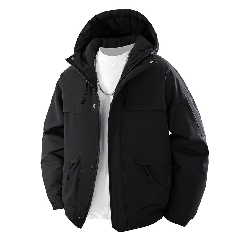 Men’s padded hooded parka with a high stand-up collar and adjustable drawstring Vermilion red