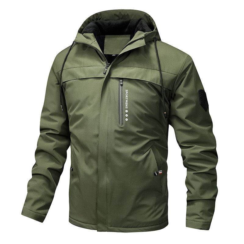 Men's windproof softshell jacket with adjustable hood and inner lining Blau