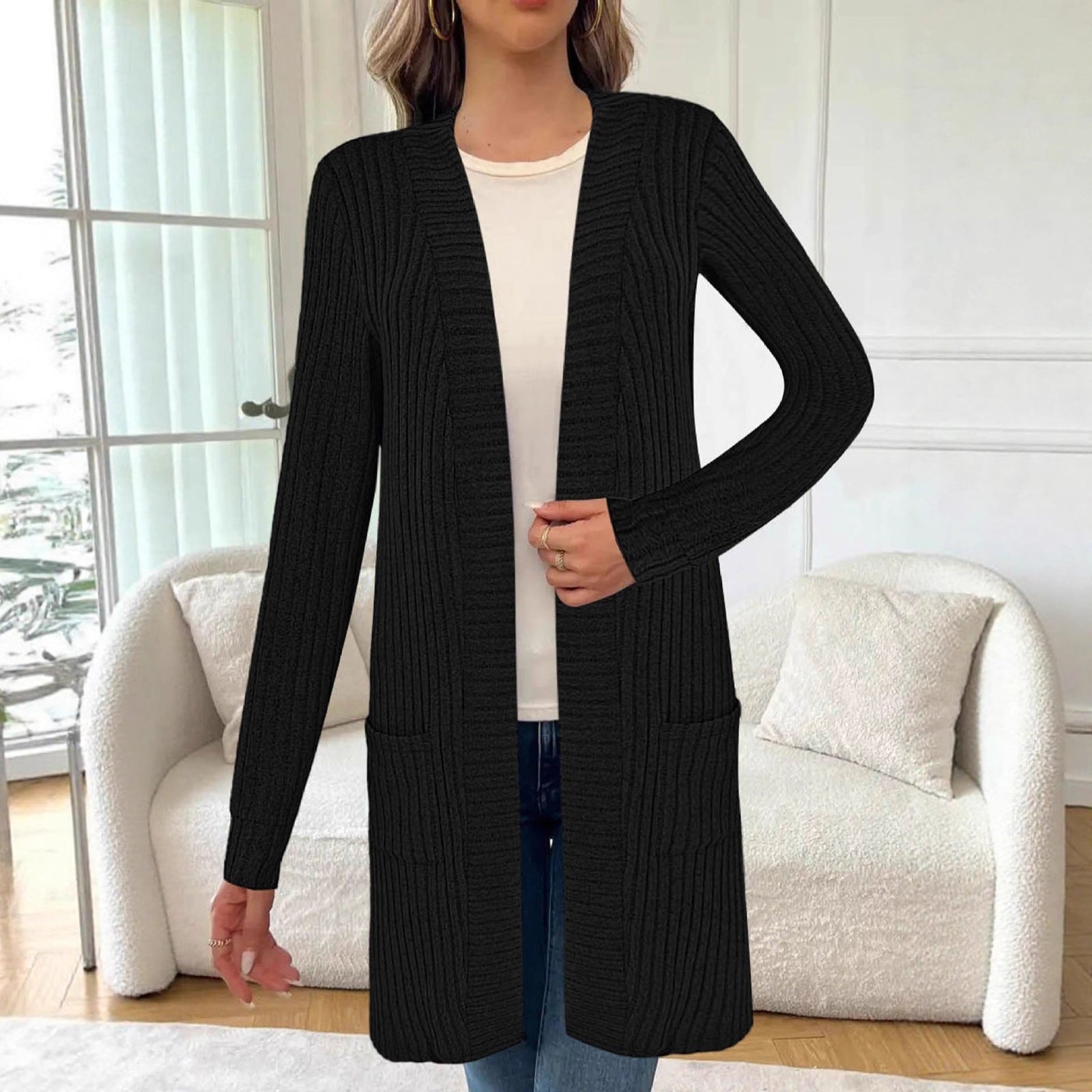 Damen Longline lang-Sleeve Cardigan mit Taschen – Bild 2