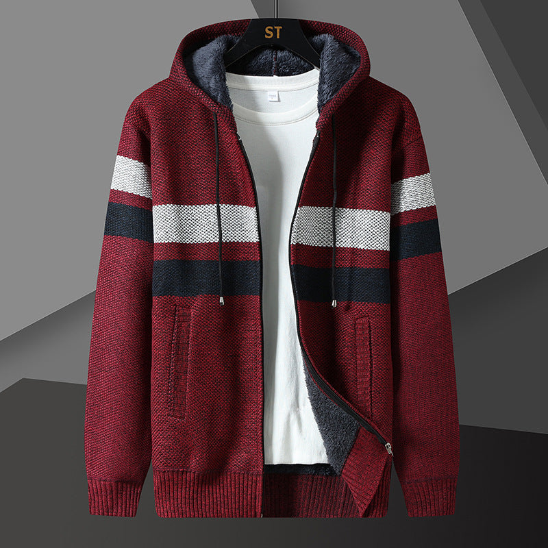 Men's Striped Hooded Jacket with Drawstring and Pockets Hellgrau