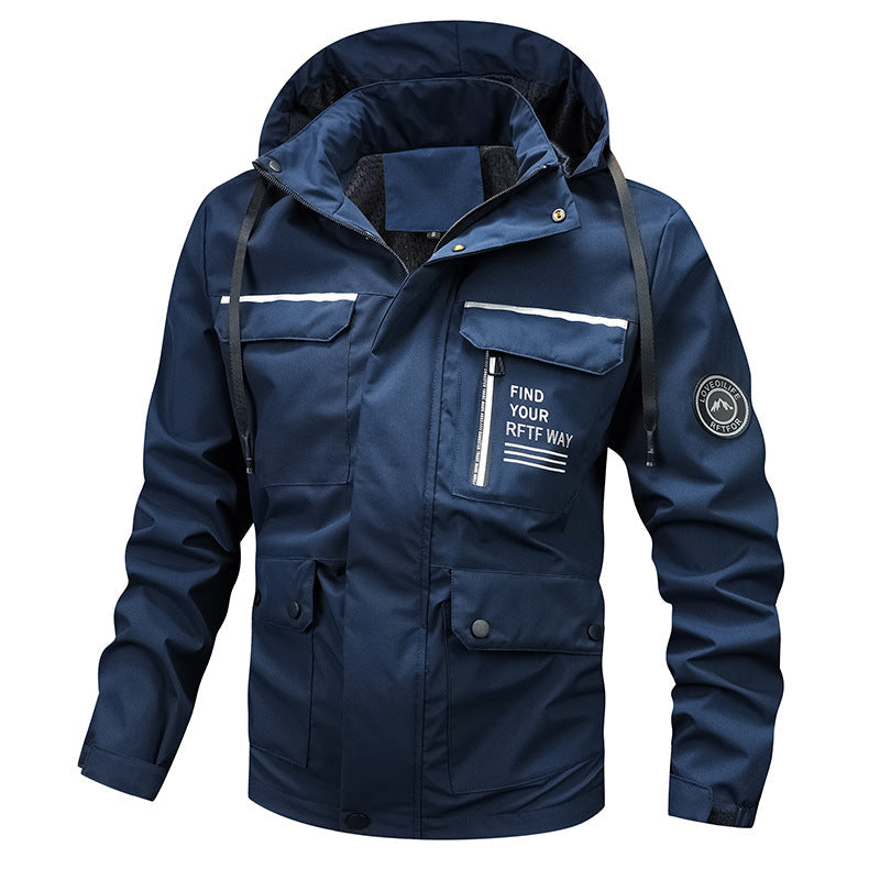 Men’s waterproof hooded rain jacket with a windproof membrane Blau