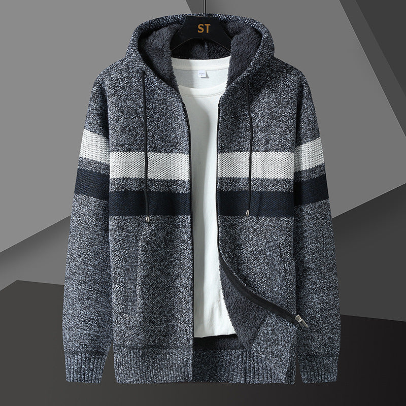 Men's Striped Hooded Jacket with Drawstring and Pockets Dunkelgrau