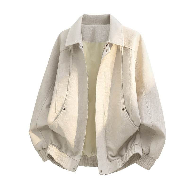 Men’s oversized field jacket made of faux leather with a concealed zipper Coffee brown