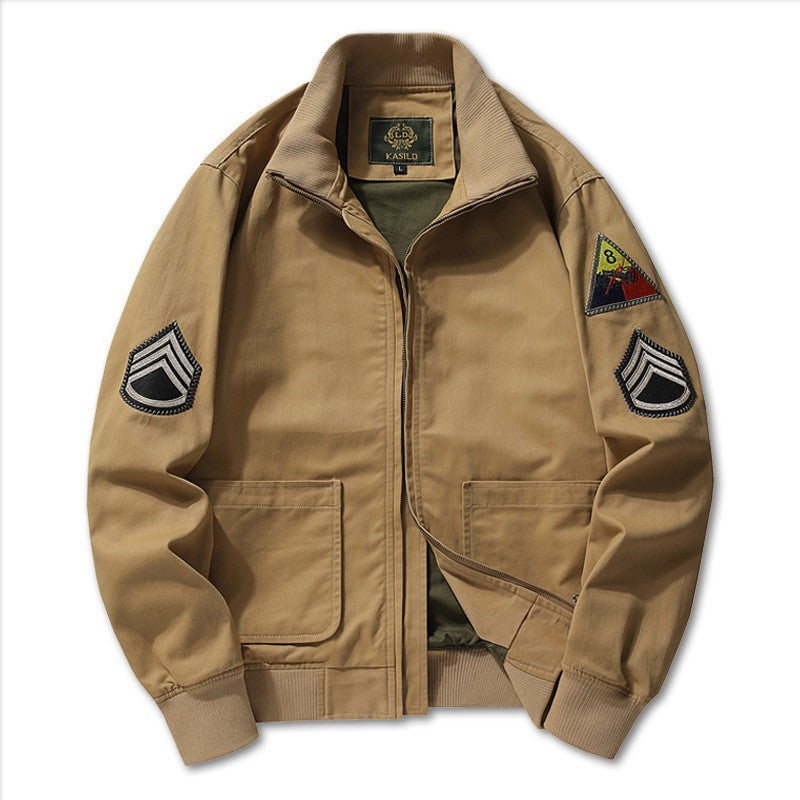 Men’s military-style bomber jacket with patches and a concealed zipper Military green T31