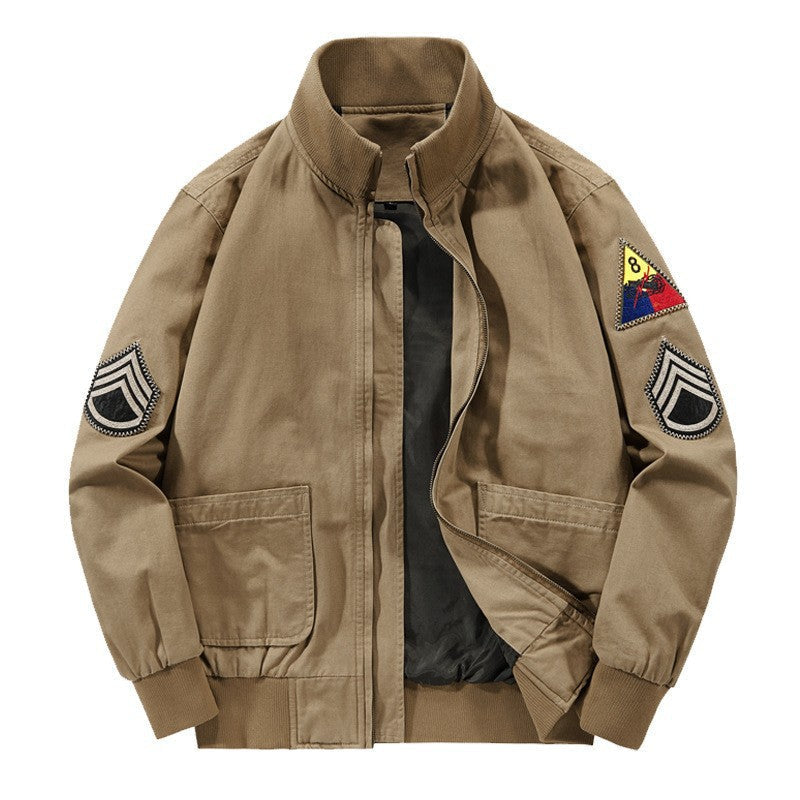 Men’s military-style bomber jacket with patches and a concealed zipper Schwarz (gefüttert)