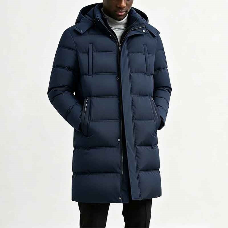 Men's longline puffer jacket with hood and pockets Blau