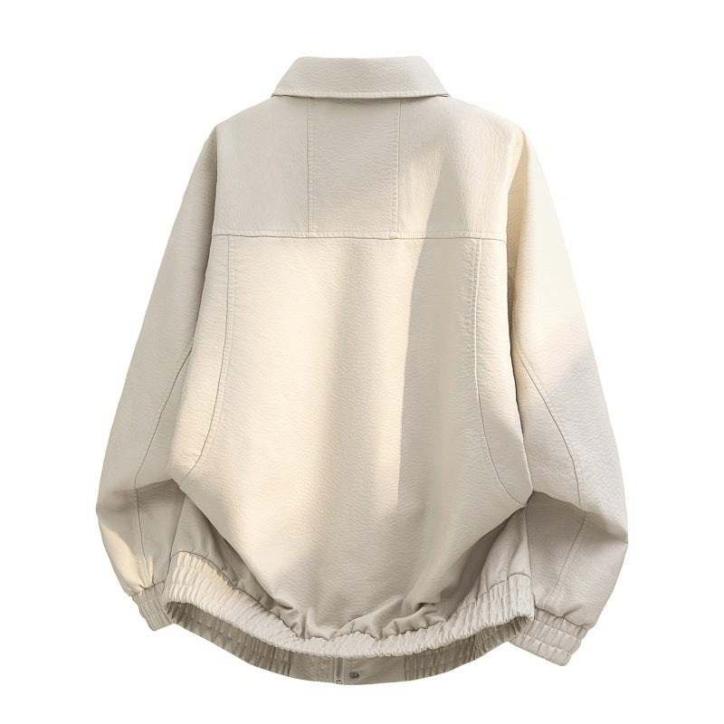 Men’s oversized field jacket made of faux leather with a concealed zipper Apricot