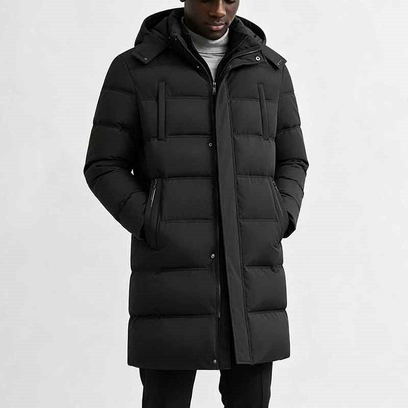 Men's longline puffer jacket with hood and pockets Schwarz