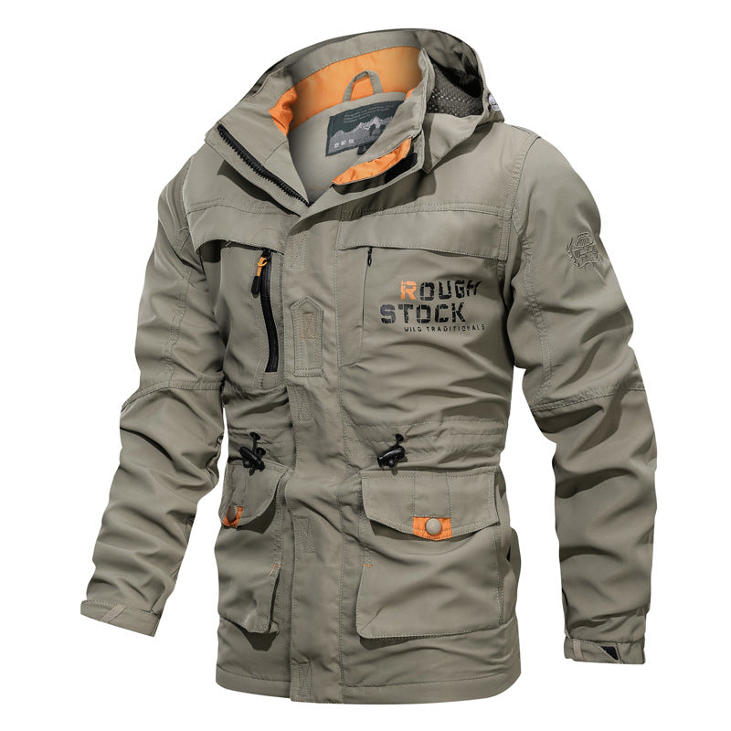 Men’s waterproof and windproof outdoor parka with detachable hood Military green 086