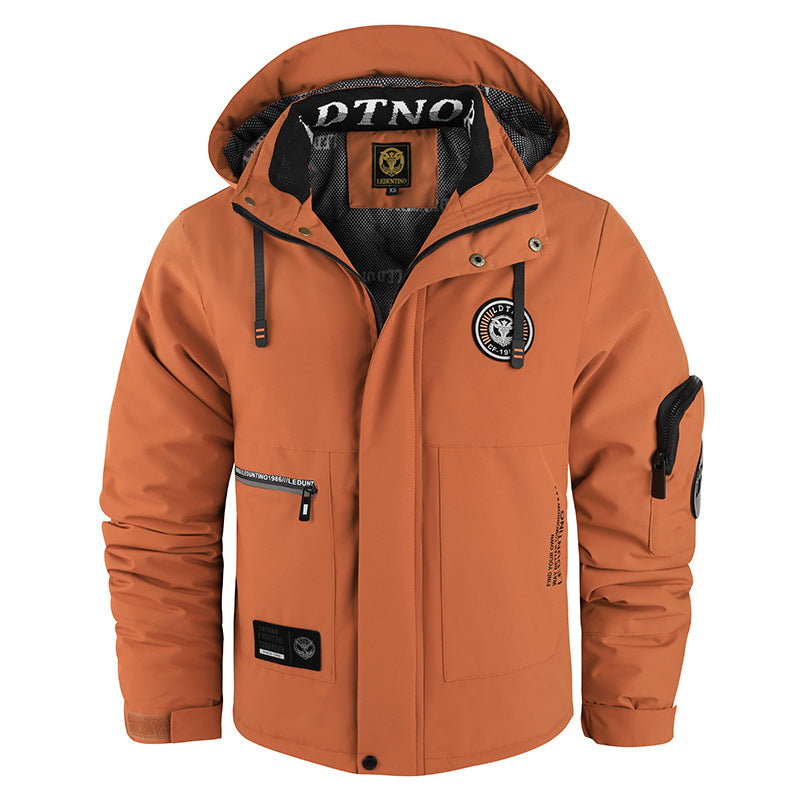 Men’s padded wind- and weatherproof jacket with hood and utility pockets Brick red