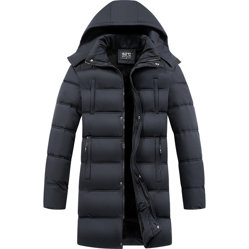 Men's longline puffer jacket with hood and pockets Blau