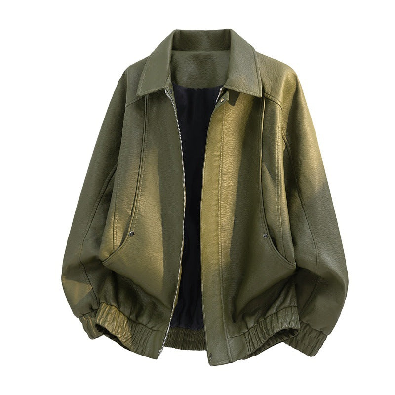 Men’s oversized field jacket made of faux leather with a concealed zipper Militärgrün