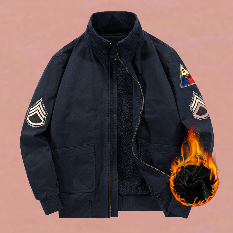Men’s military-style bomber jacket with patches and a concealed zipper Ocker