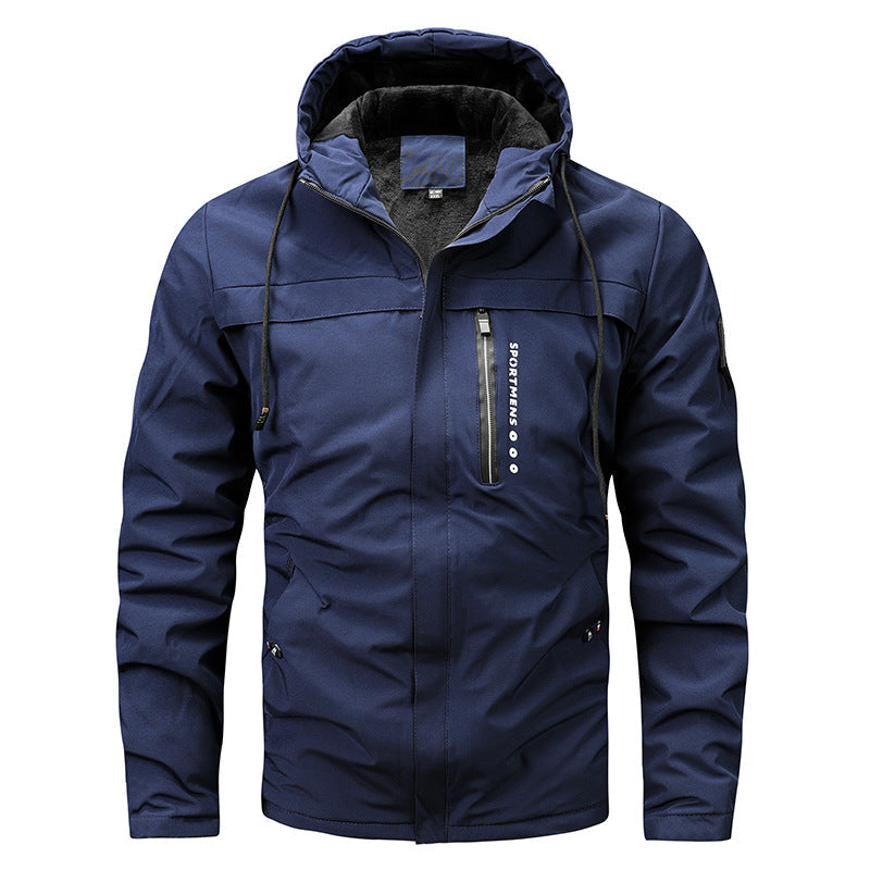 Men's windproof softshell jacket with adjustable hood and inner lining Blau