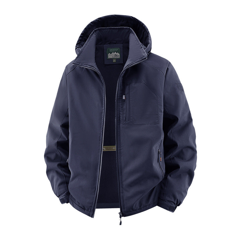 Men’s tactical-style softshell jacket with hidden hood and chest pocket Khaki