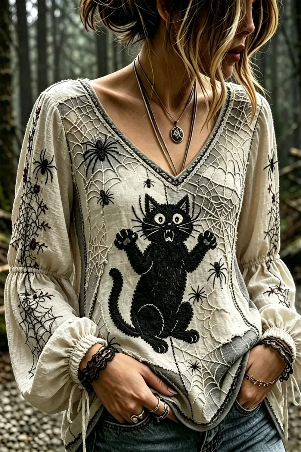 Mariana | Bluse mit Katzenmotiv und Spinnenmotiv – Produktansicht 1