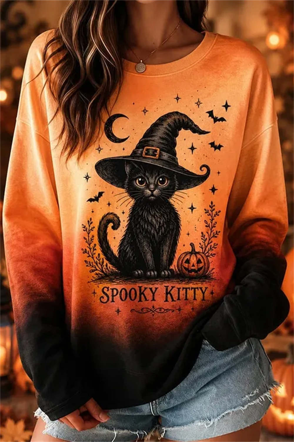 Anna | Sweatshirt mit Kürbismotiv, Katzenmotiv und Fledermausmotiv – Produktansicht 1