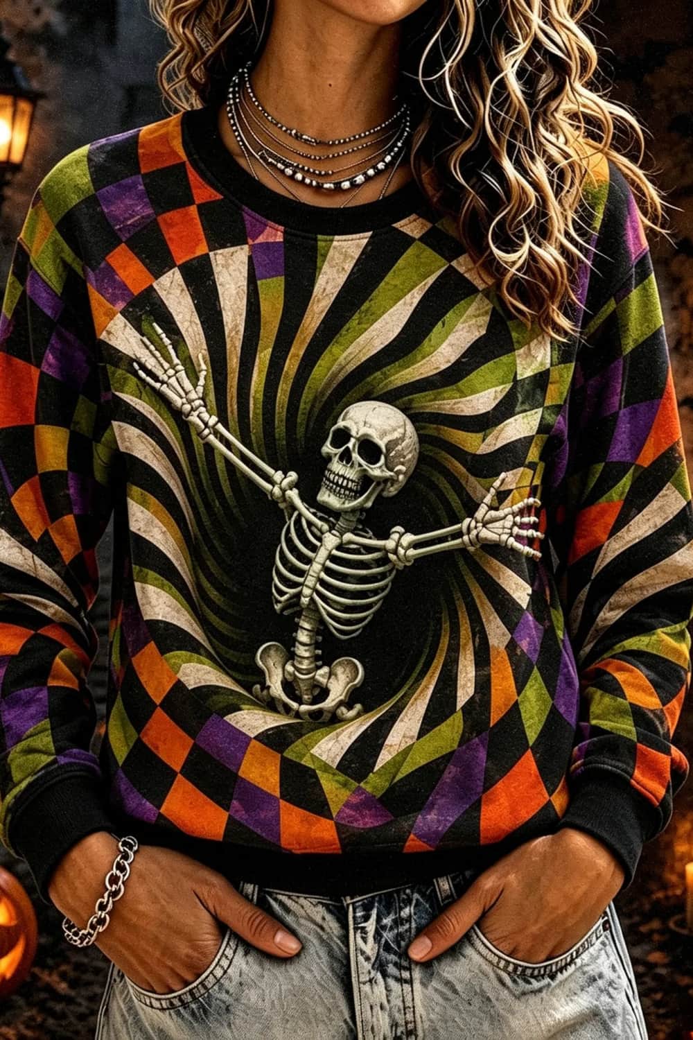 Caroline | Sweatshirt mit Totenkopfmotiv und Karomuster – Produktansicht 1