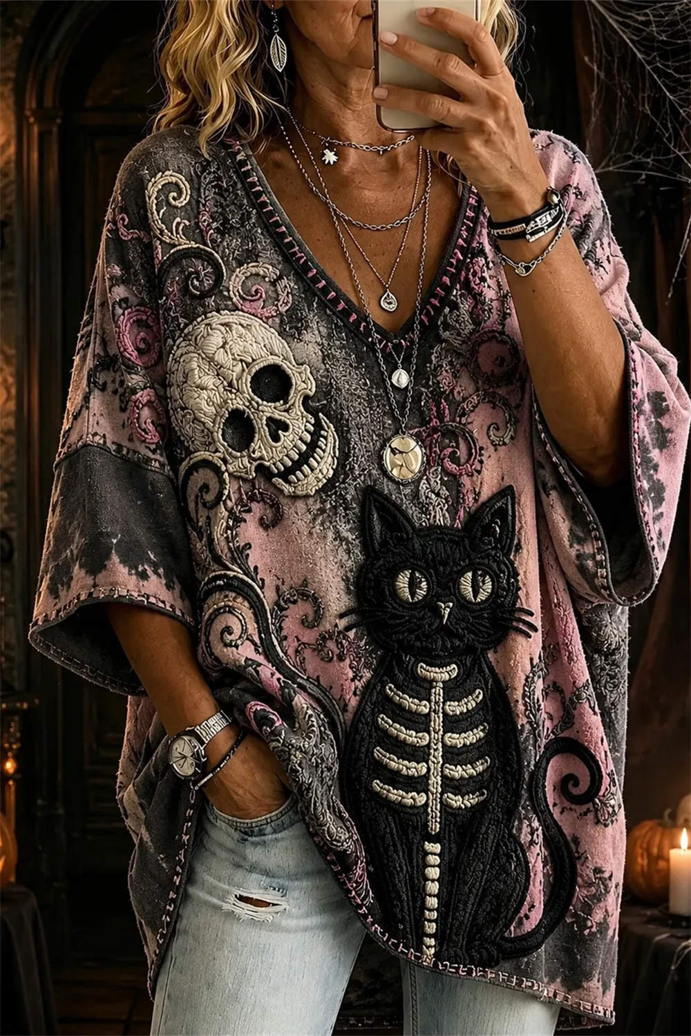 Ada | Oberteil mit Katzenmotiv und Totenkopfmotiv – Produktansicht 1