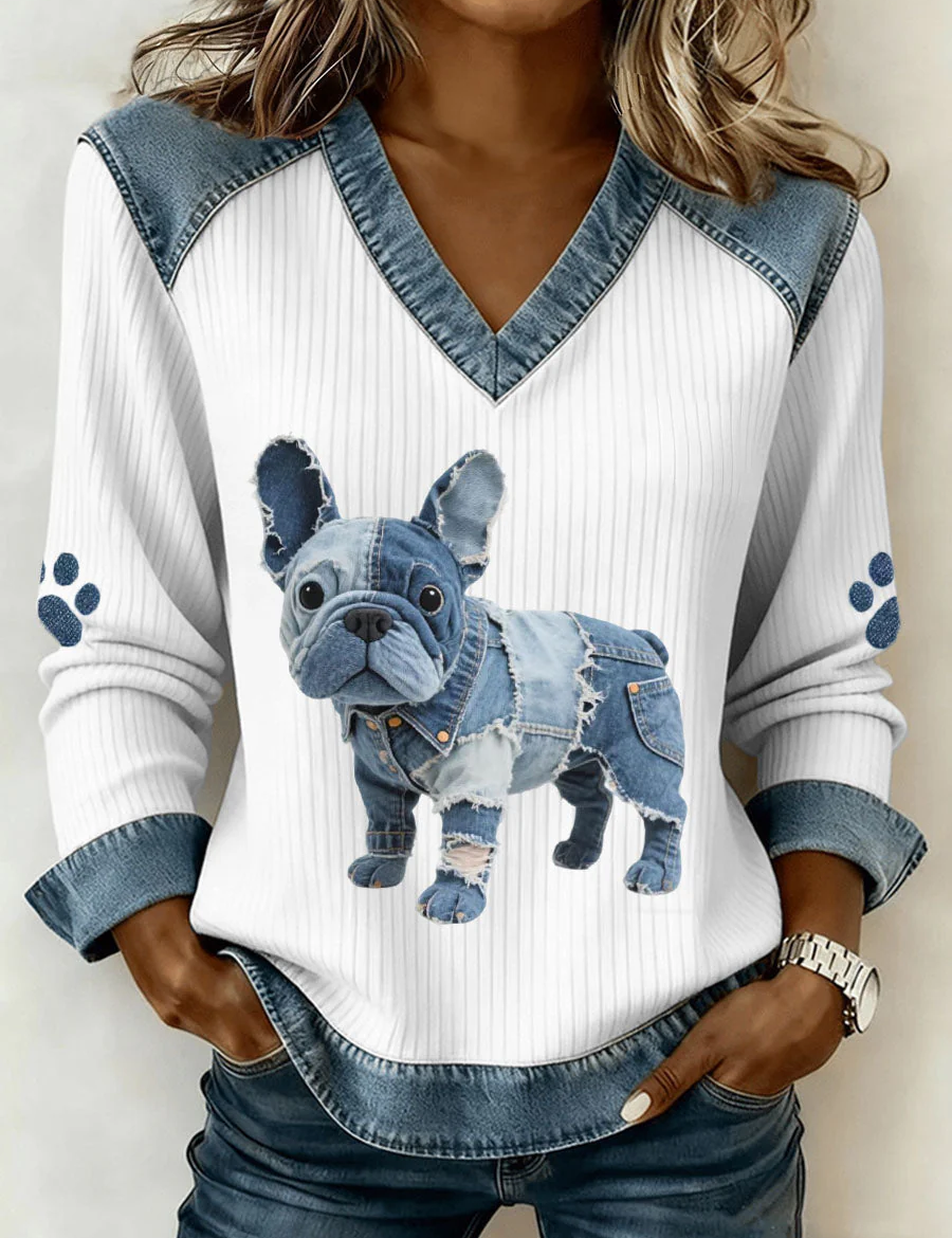 Eva | Vielseitiger Patchwork-Pullover mit Welpenmotiv