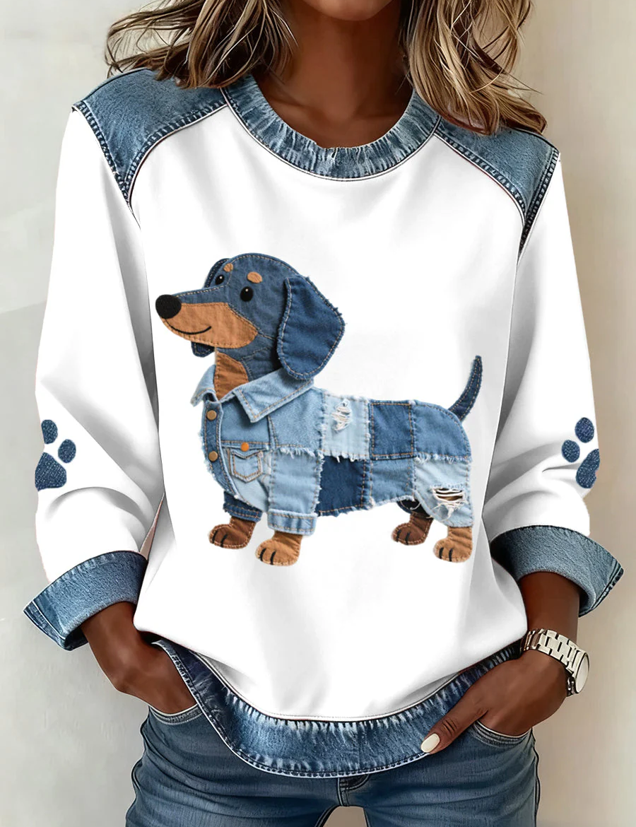 Eva | Vielseitiger Patchwork-Pullover mit Welpenmotiv