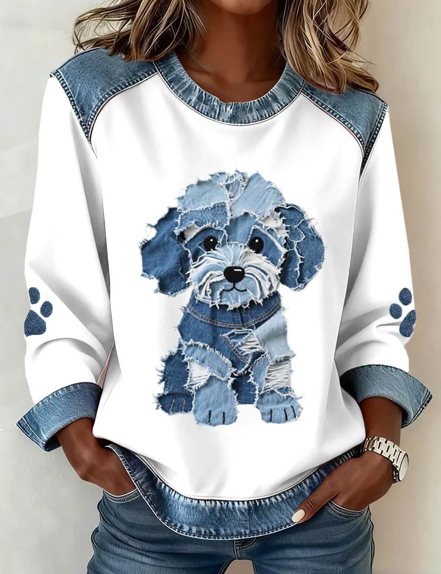 Eva | Vielseitiger Patchwork-Pullover mit Welpenmotiv