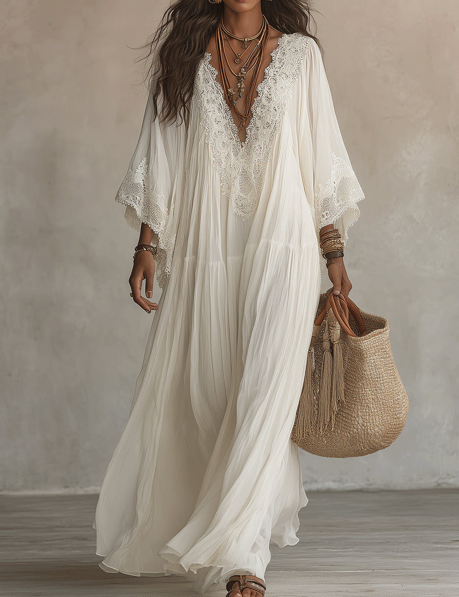 Celeste – Langes Kleid aus elfenbeinfarbenem Chiffon und Spitze – Weiß – Bild 1