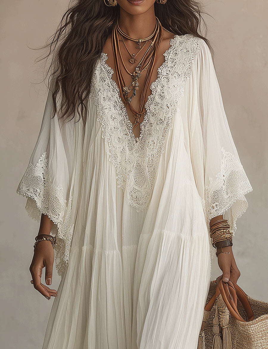 Celeste – Langes Kleid aus elfenbeinfarbenem Chiffon und Spitze – Bild 4