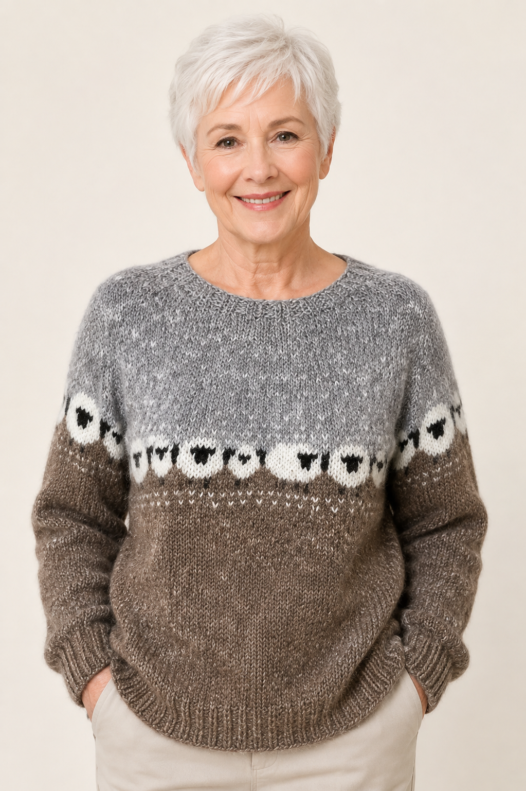 Adela braun-grauer Pullover mit Schafmotiv an reifer Frau auf warmem beigem Hintergrund