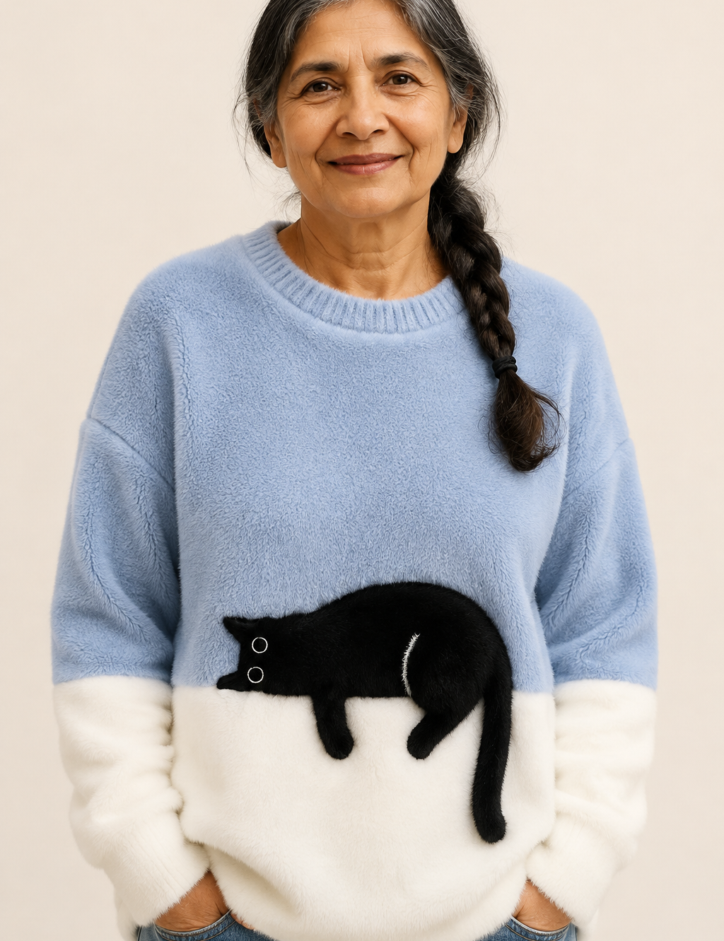 Aileen blau-weißer Oversize-Pullover mit schwarzem Katzenmotiv an reifer Frau auf warmem beigem Hintergrund