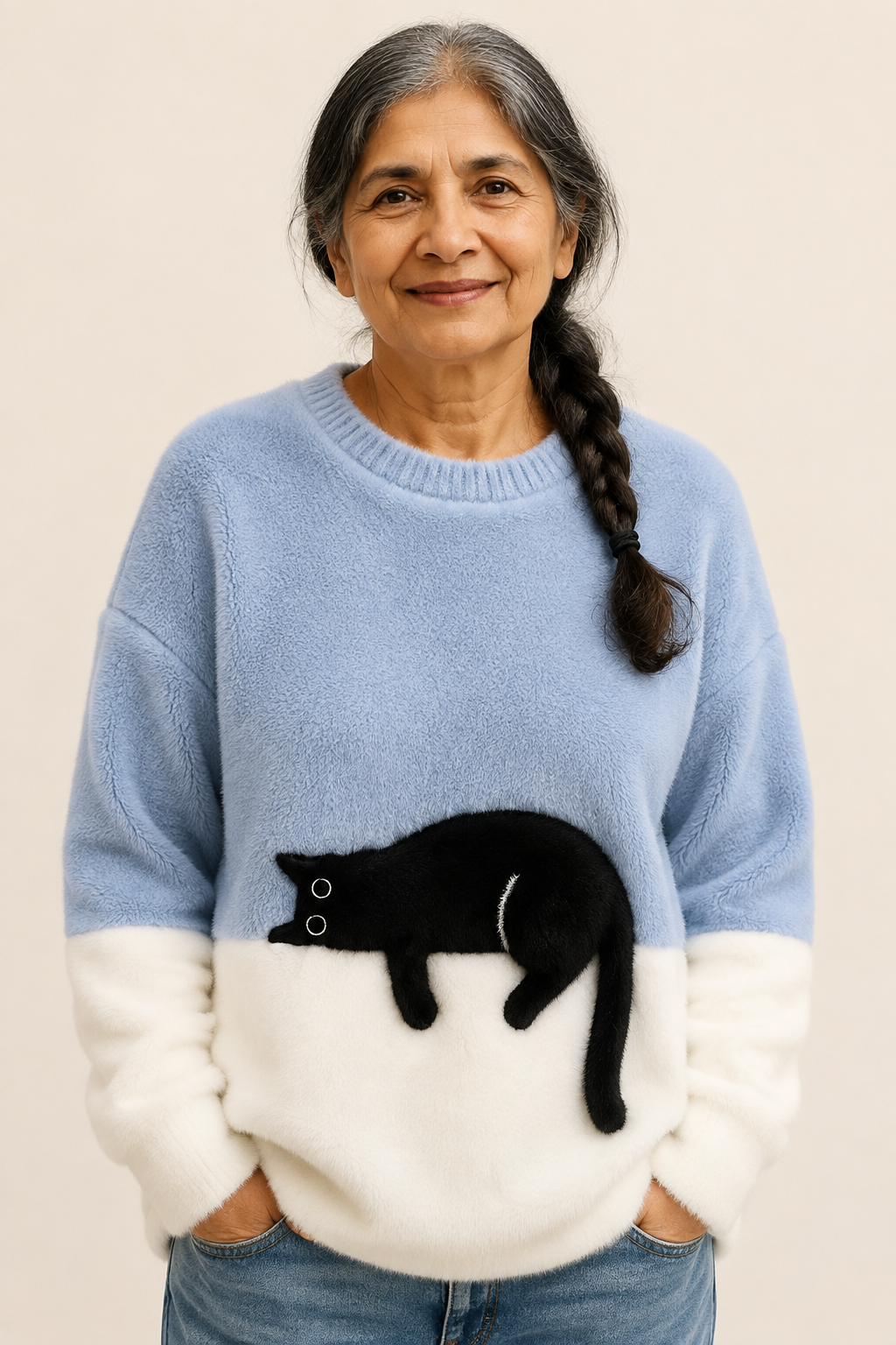 Aileen blau-weißer Oversize-Pullover mit schwarzem Katzenmotiv an reifer Frau auf warmem beigem Hintergrund