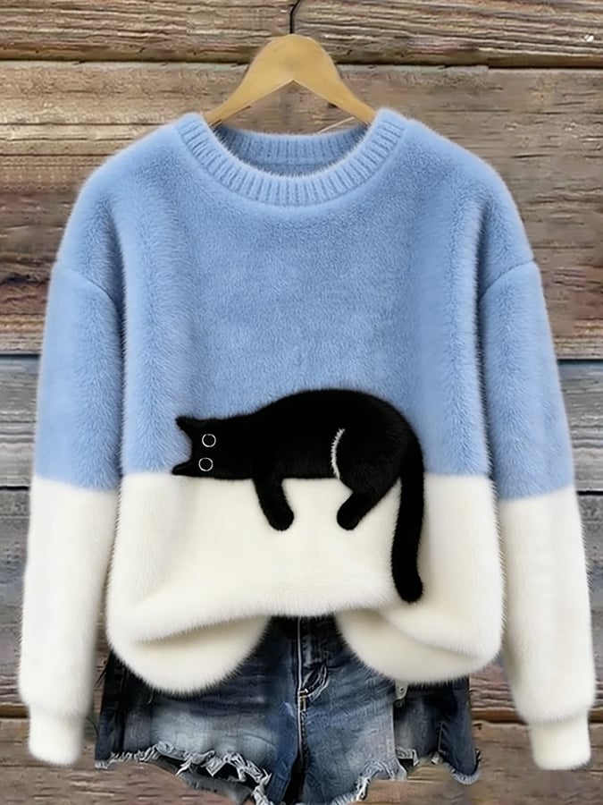 Aileen - pulover oversized cu motiv de pisică, Albastru deschis