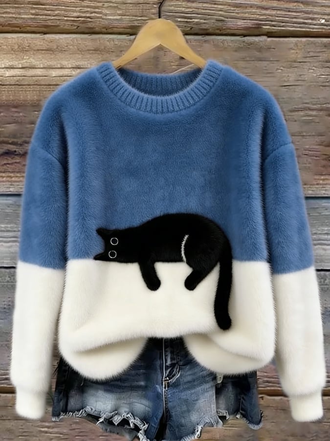 Aileen - pulover oversized cu motiv de pisică, Albastru