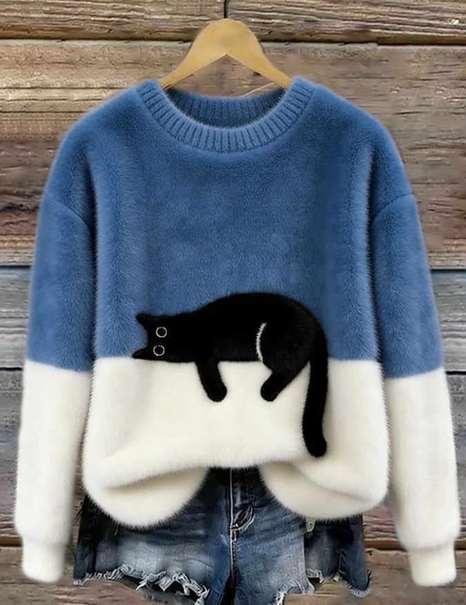 Aileen - pulover oversized cu motiv de pisică, Albastru