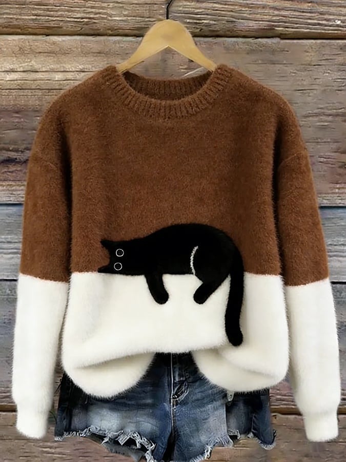 Aileen - pulover oversized cu motiv de pisică, Maro