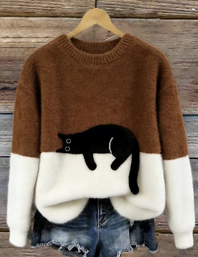 Aileen - pulover oversized cu motiv de pisică, Maro