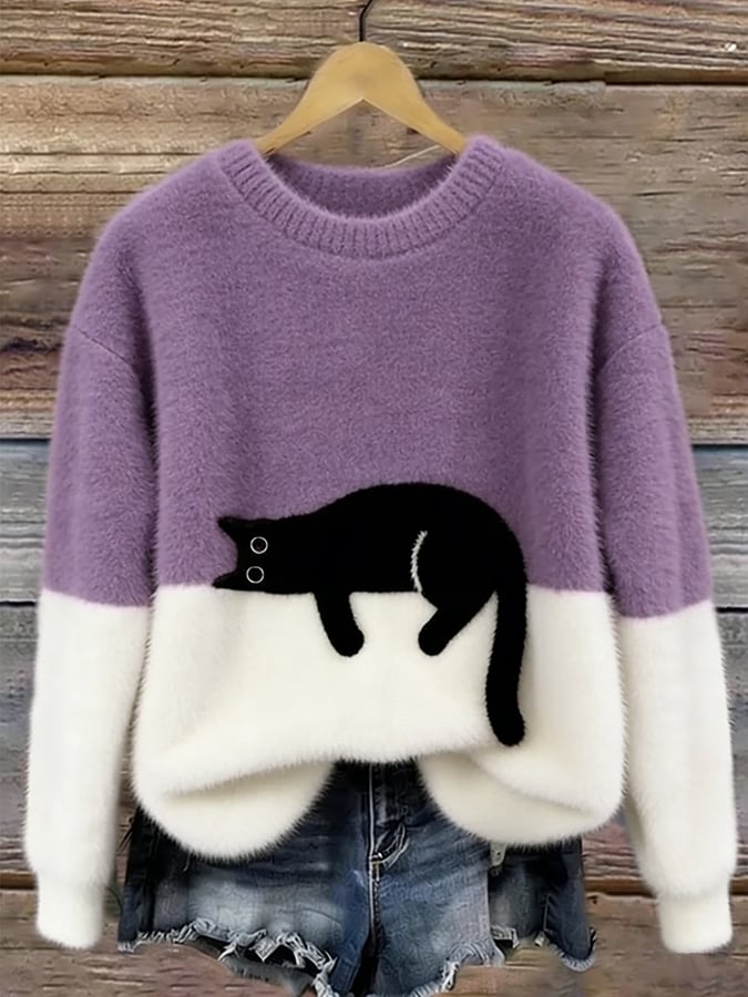 Aileen - pulover oversized cu motiv de pisică, Mov