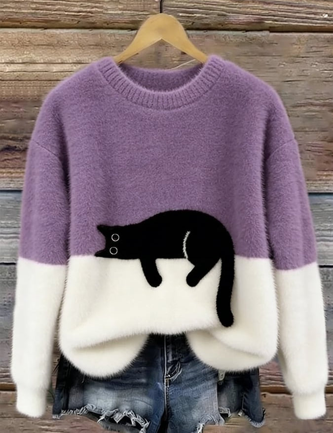 Aileen - pulover oversized cu motiv de pisică, Mov