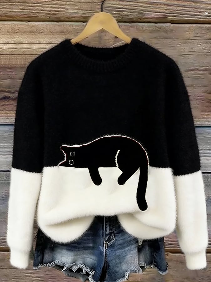 Aileen - pulover oversized cu motiv de pisică, Negru