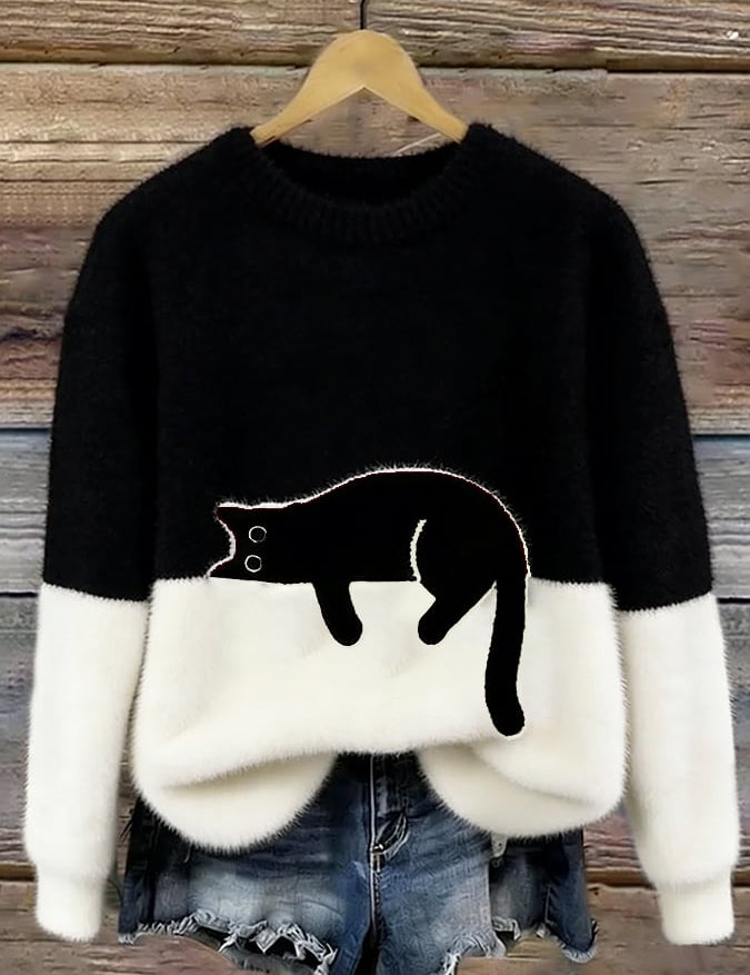 Aileen - pulover oversized cu motiv de pisică, Negru
