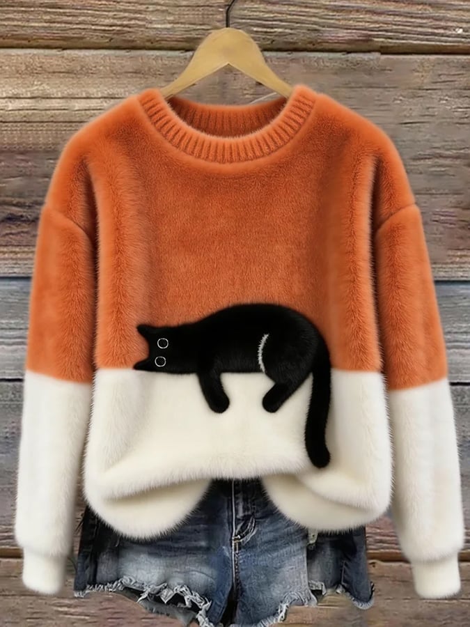 Aileen - pulover oversized cu motiv de pisică, Portocaliu