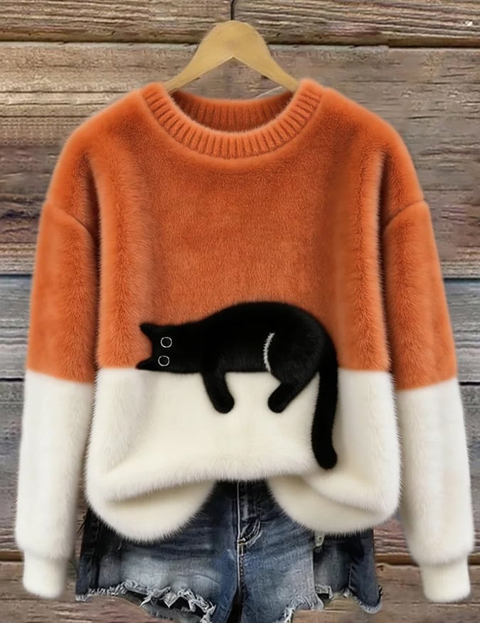 Aileen - pulover oversized cu motiv de pisică, Portocaliu