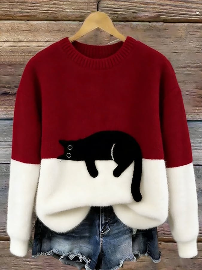 Aileen - pulover oversized cu motiv de pisică, Roșu
