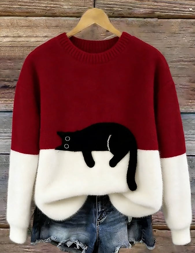 Aileen - pulover oversized cu motiv de pisică, Roșu