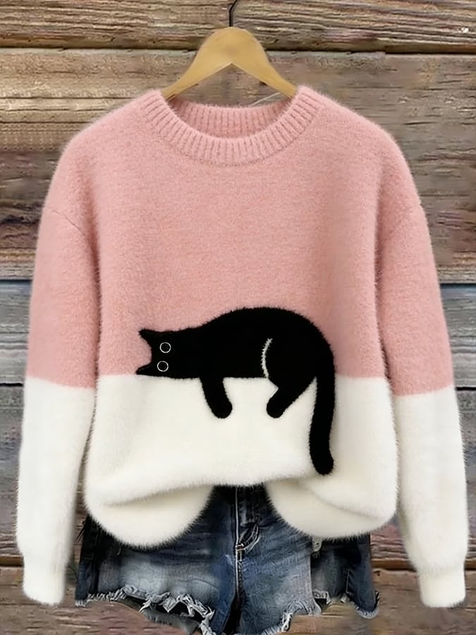 Aileen - pulover oversized cu motiv de pisică, Roz