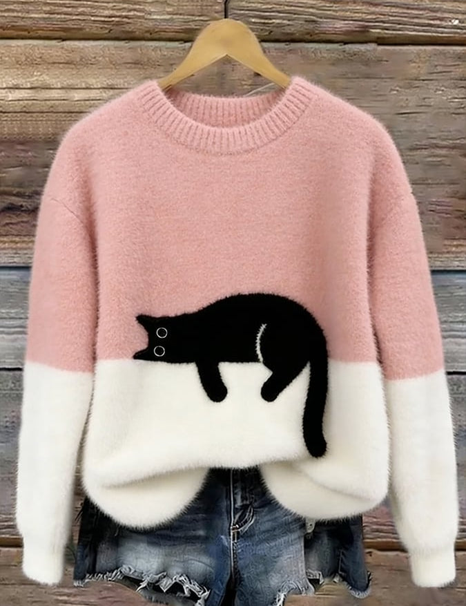 Aileen - pulover oversized cu motiv de pisică, Roz