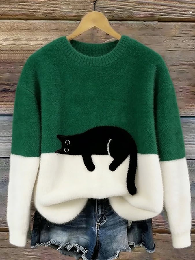 Aileen - pulover oversized cu motiv de pisică, Verde