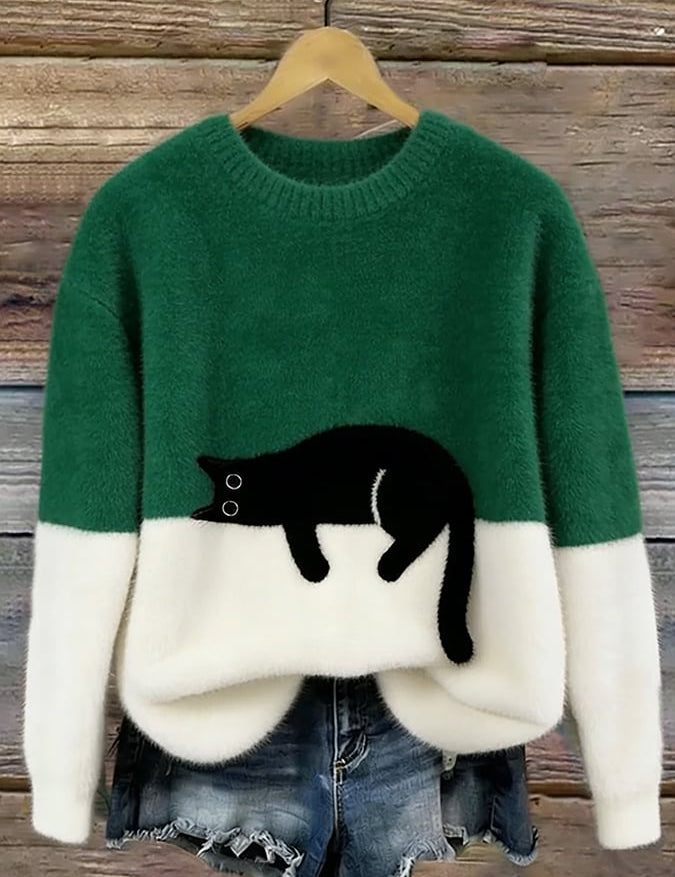 Aileen - pulover oversized cu motiv de pisică, Verde
