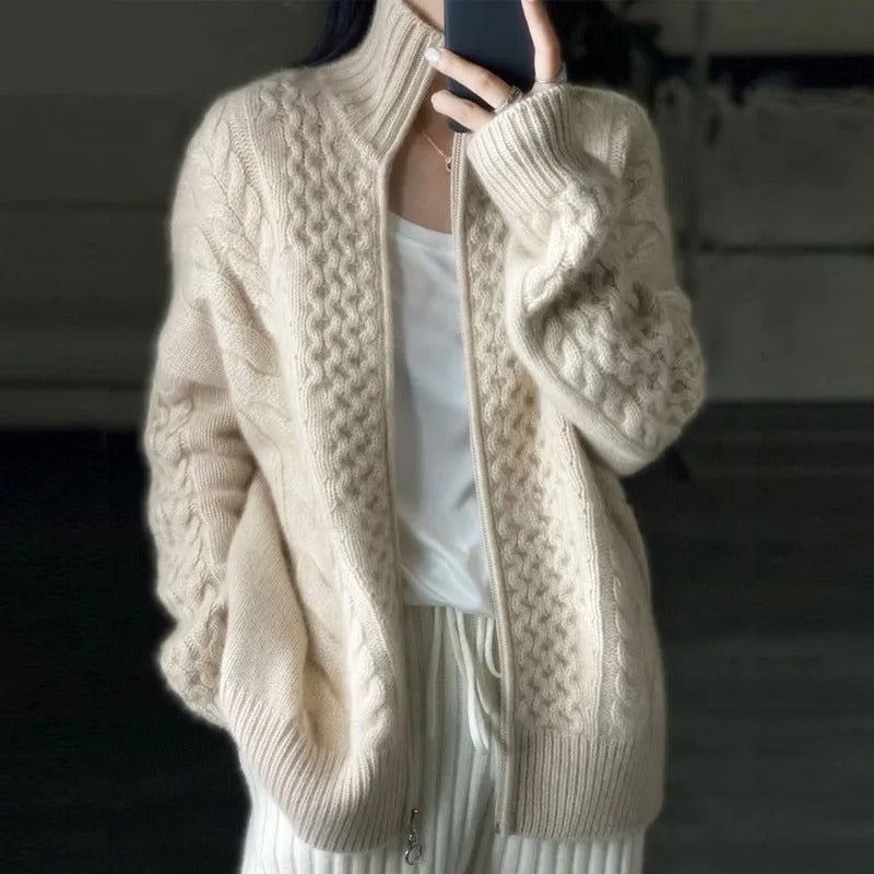 Alina - cardigan tricotat cu fermoar, alb